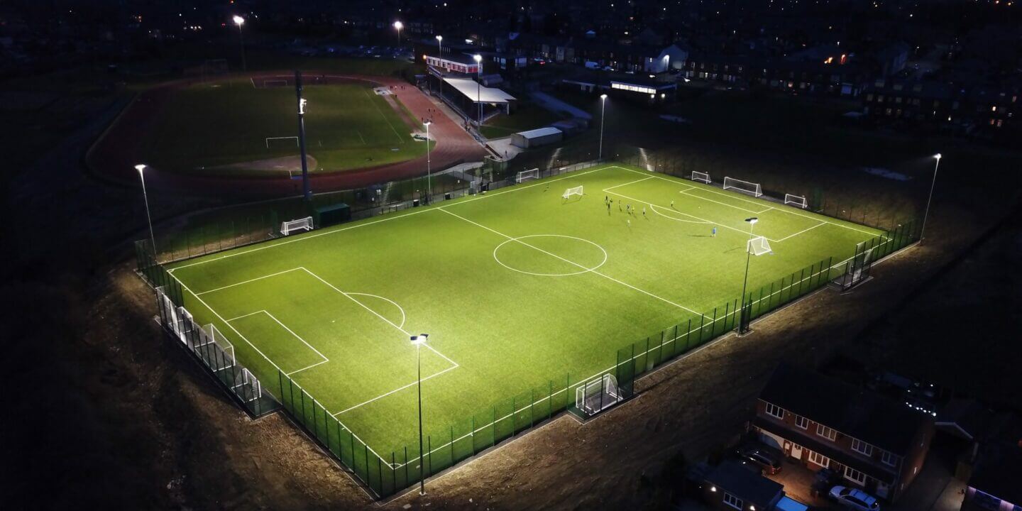 Aerial shot of football pitch at night