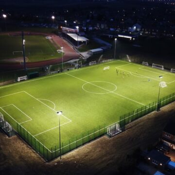 Aerial shot of football pitch at night