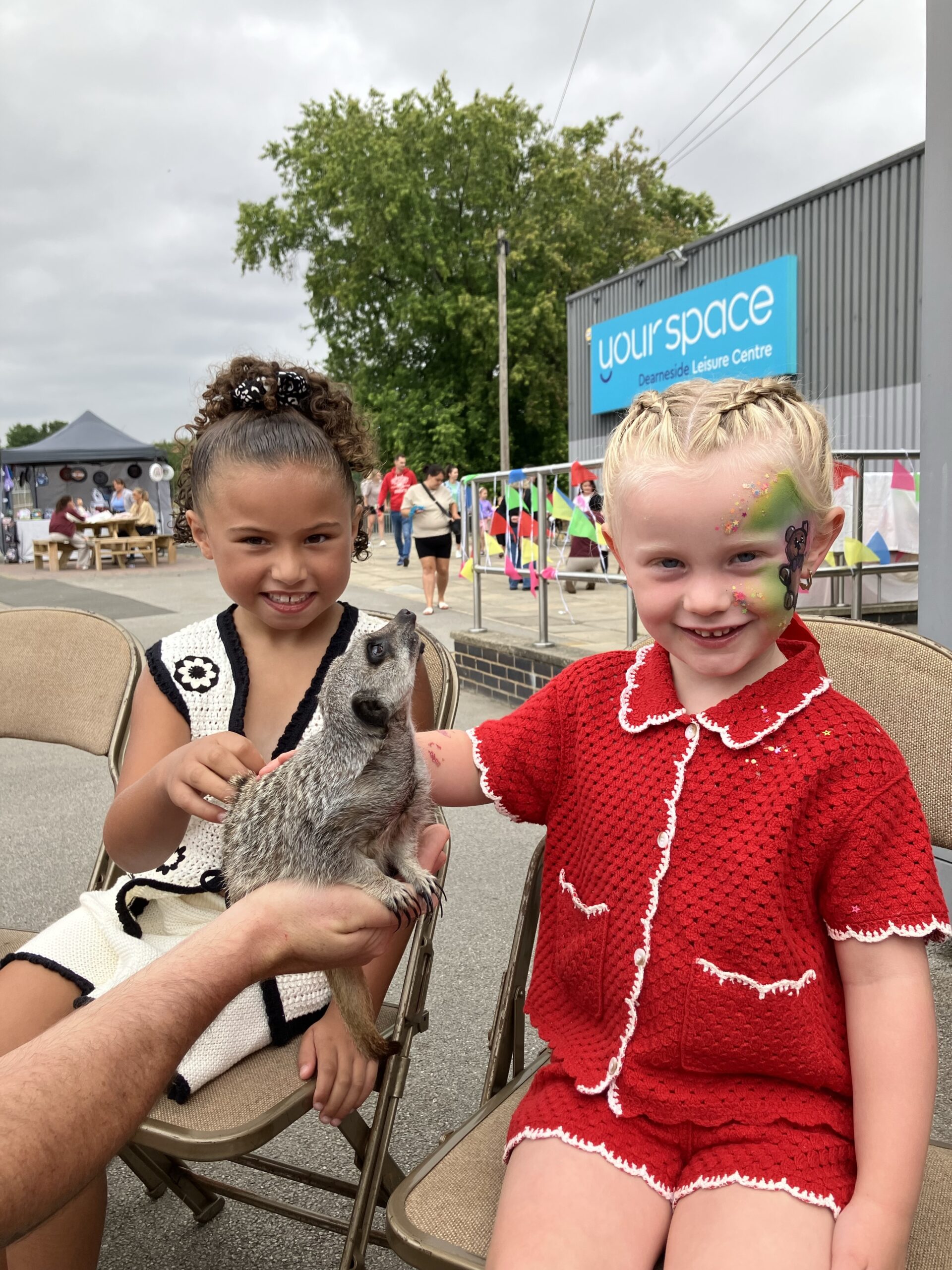 Two children meeting a meerkat at the Summer Family Fun Day
